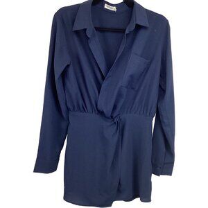 Essue‎ Size Small Navy Blue Faux Wrap Romper Long Sleeves Stretch Waist